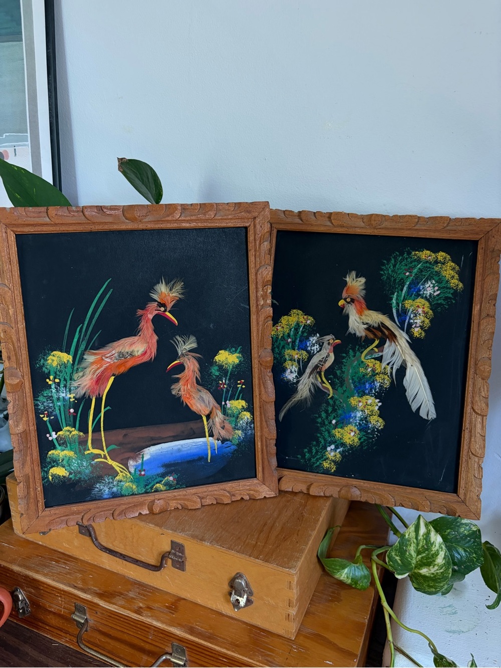 Vintage Hand Painted Mexican Feather Bird Art Pair - Black, Orange & White Birds